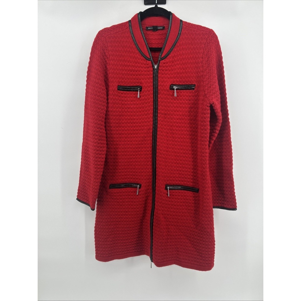Boston Proper Red Zip Front Sweater Dress Jacket Leather Trim Size M Modern Edgy